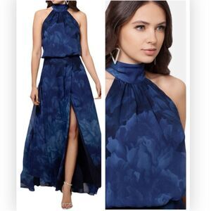 Betsy & Adam A24822P Halter Mock Neck Front Slit Floral Blouson Maxi NWT $220
